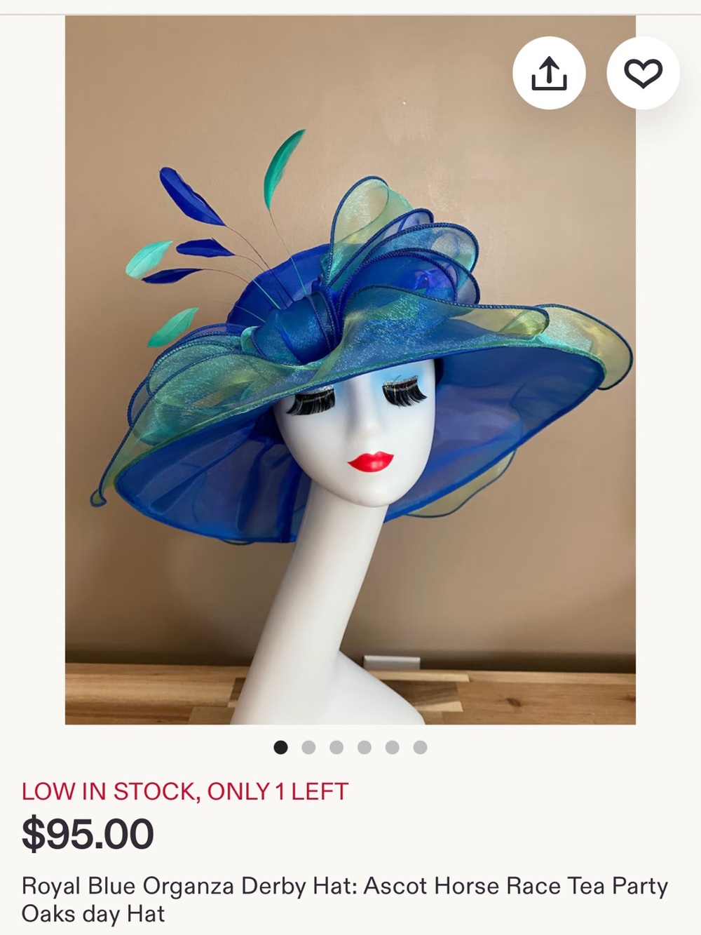 NWT SHIPS TODAY! Derby hat wide brim organza royal blue and green with bow - Picture 2 of 4